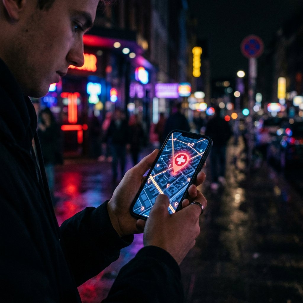 Gece karanlığında akıllı telefondan eczane konumu arayan kişi