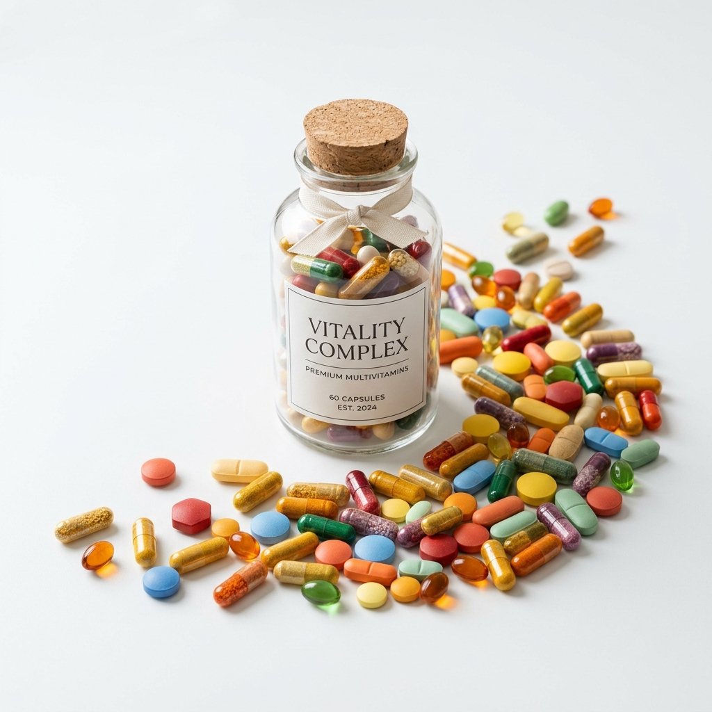 Doğal vitaminler, meyveler ve vitamin kapsülleri